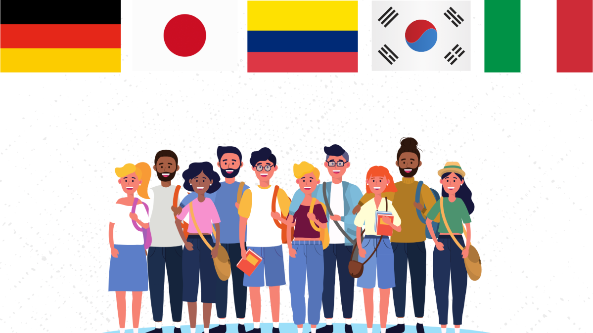 Graphic image with country flags and students
