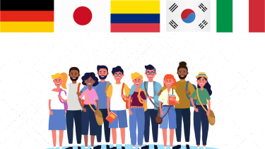 Graphic image with country flags and students